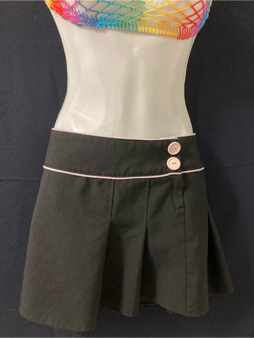 Valia Black Mini Skirt with Light Pink Piping and Buttons